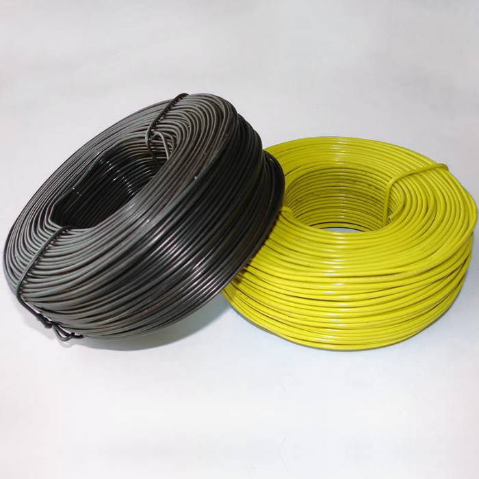 A black coil of PVC coated wire and a yellow coil of PVC coated wire are on the white background.