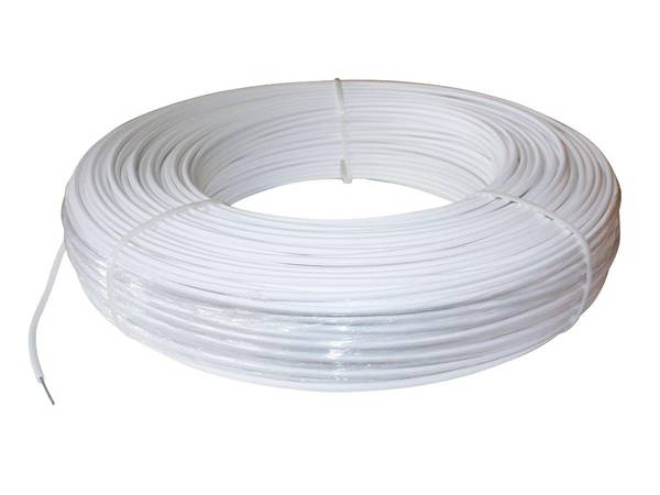 A coil of white PE coated wire on the white ground.